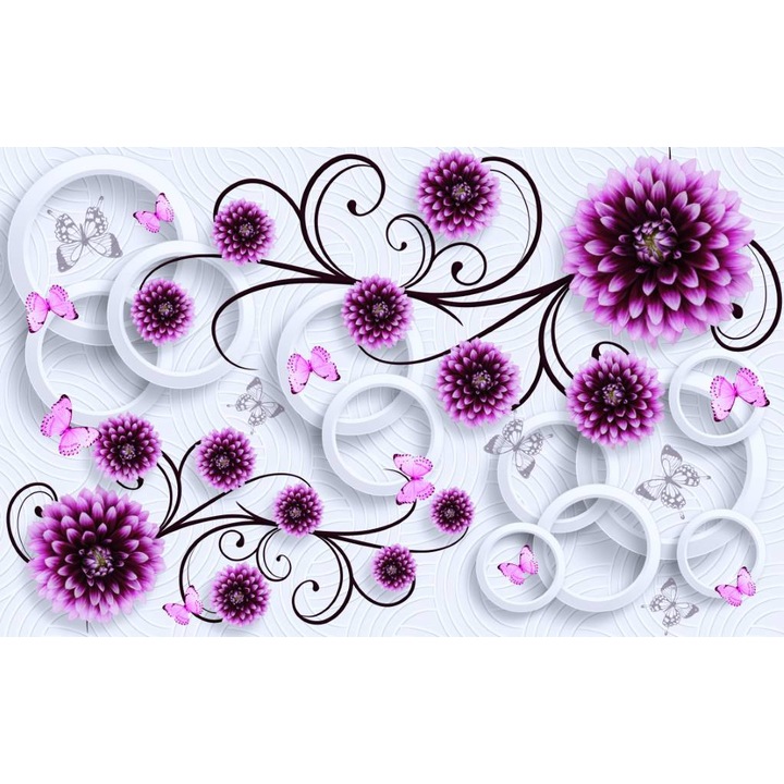 Fototapet PVC, Flori Mov Si Cercuri Albe 3D, 100x160 cm