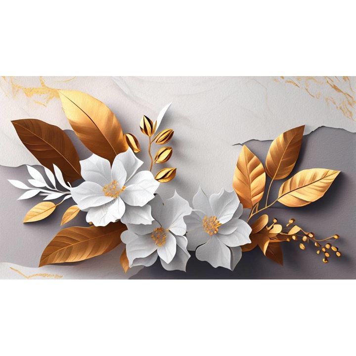Tablou Canvas, Flori Albe Si Aurii - 40 x 30 cm