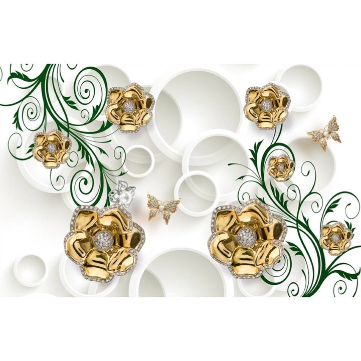 Fototapet PVC, Flori Aurii Si Cercuri Albe 3D, 100x150 cm