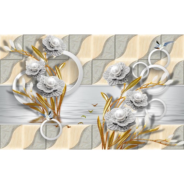 Tablou Canvas, Flori Argintii Si Forme Abstracte - 40 x 30 cm