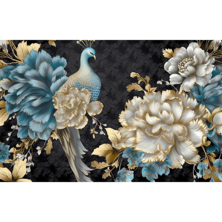 Самозалепващ PVC тапет, Паун и бели и сини цветя, 250x400 см