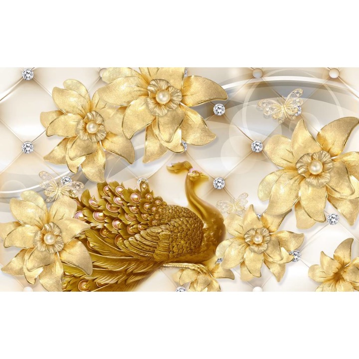 Tablou Canvas, Florile Si Paunul De Aur - 40 x 30 cm