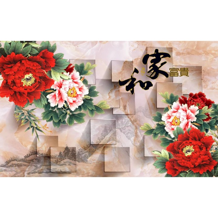 Fototapet PVC, Flori Rosii Si Model Chinezesc Minimalist, 120x180 cm