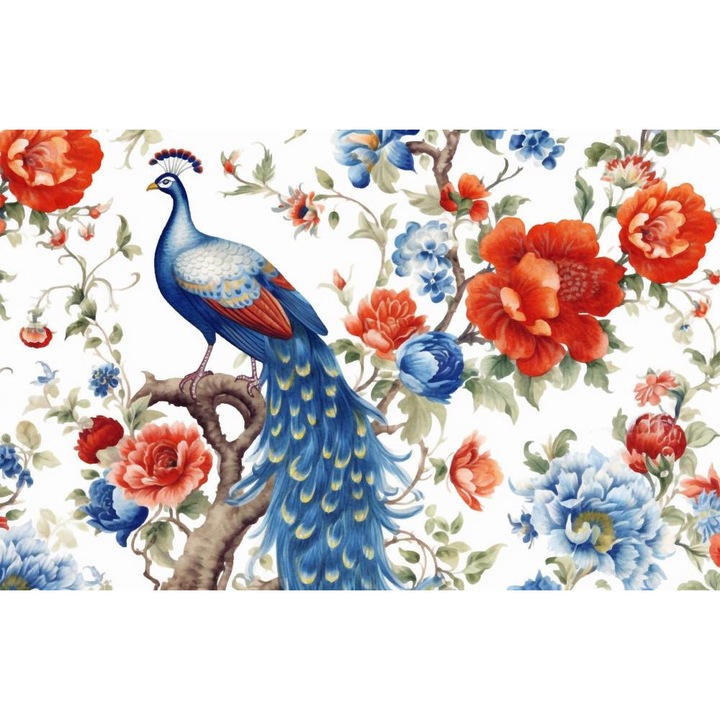 Tablou Canvas, Paunul Albastru Si Florile - 40 x 30 cm