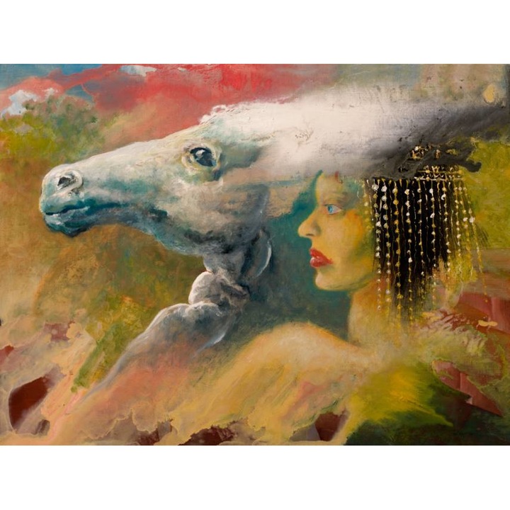 Tablou Canvas, Pictura Abstracta Femeia Si Calul - 40 x 30 cm