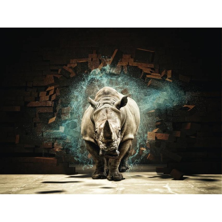 Fototapet PVC, Rinocer Trecand Prin Perete 3D, 100x160 cm