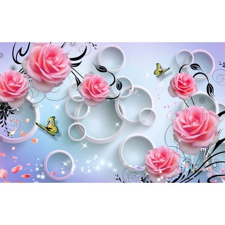 Fototapet PVC, Trandafiri Roz Si Cercuri Albe 3D 2, 240x180 cm