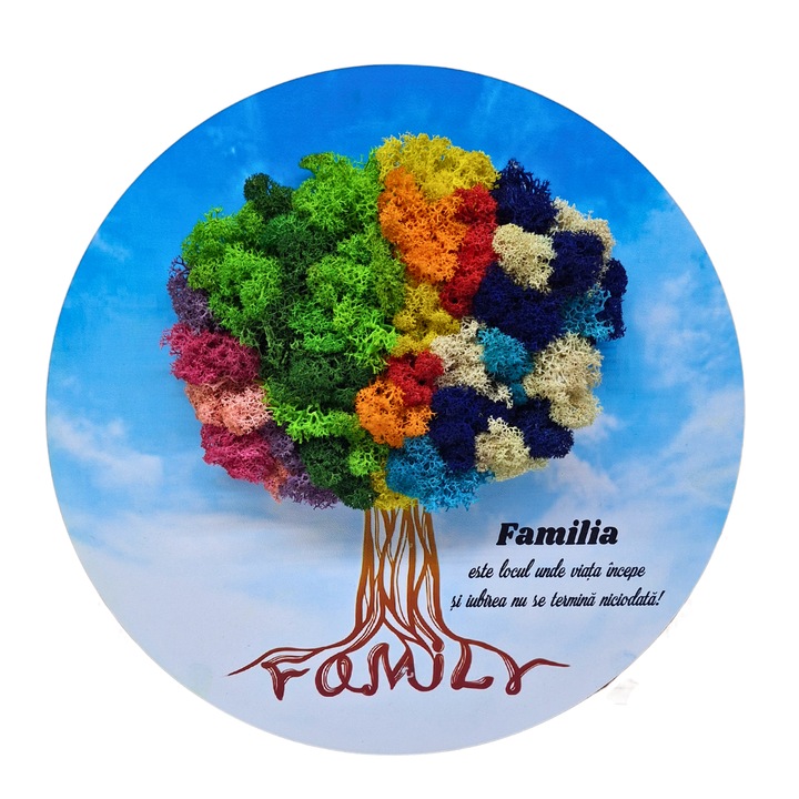 Tablou din lemn rotund, diametru 30 cm - Familia este locul unde viata incepe - v1, decorat cu licheni stabilizati multicolor