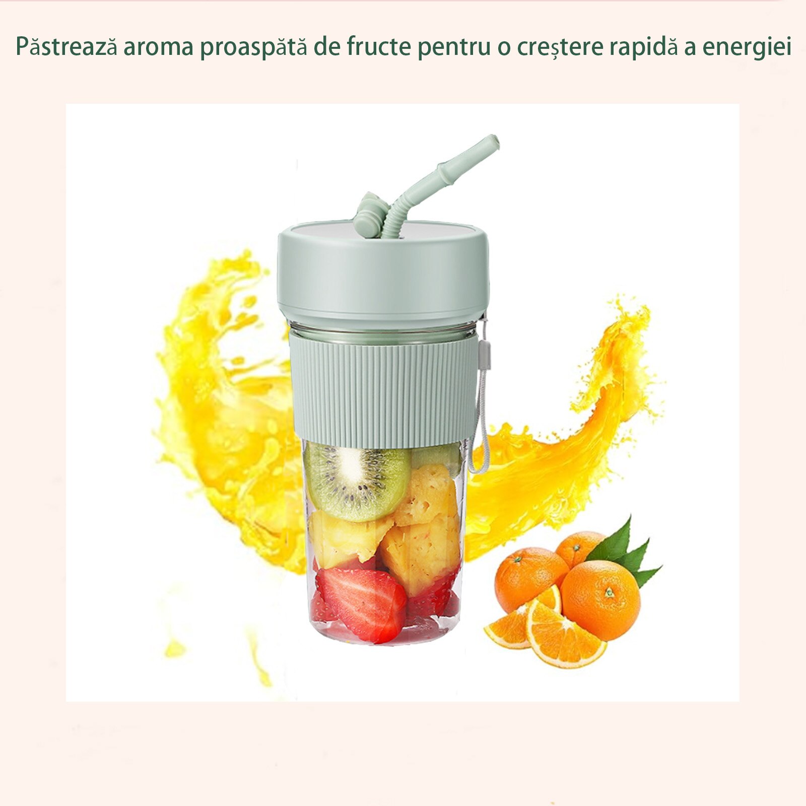 Мини блендер за чаши, 30W, 350 мл, със сламка, преносим, зелен ...