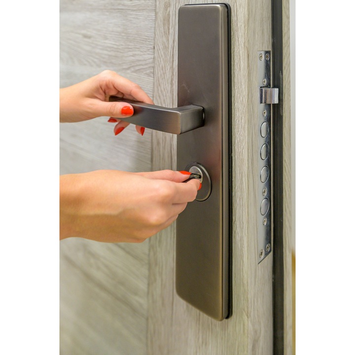 Usa metalica intrare apartament, culoare stejar inzapezit, deschidere stanga, 2050mm x 950mm