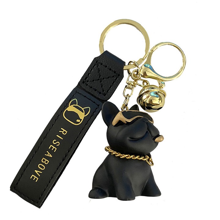 3D bulldog kulcstartó, gyanta, fekete, kompakt kivitel