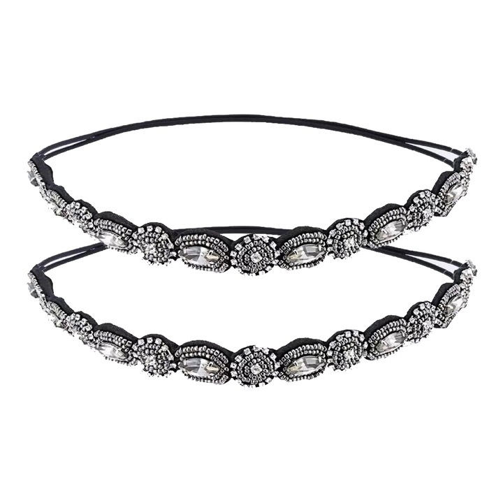 Set 2 bentite cu cristale si margele, pasla, elastice, negru/argintiu, 51-68cm