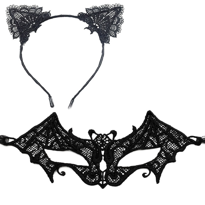 Catwoman maszk + fejpánt, csipke, Halloweenre, 21 x 8,5 cm / 18 cm, fekete