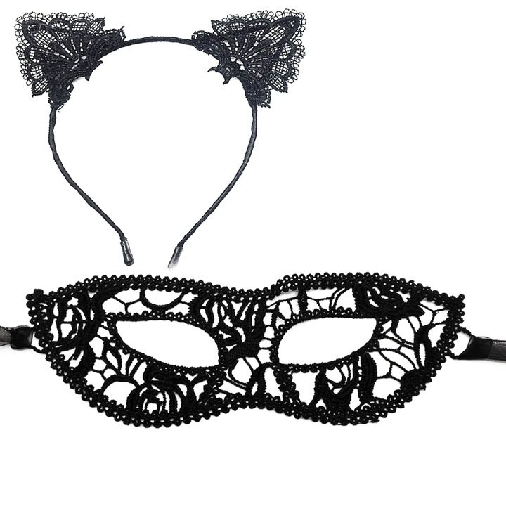 Set Halloween Catwoman, masca de bal luxoasa, bentita urechi de pisica dantela, negru
