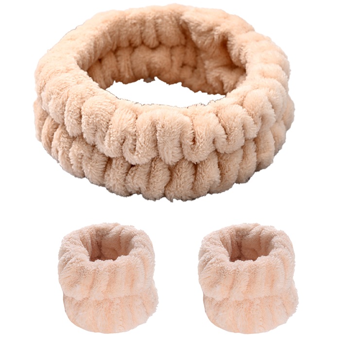 Set banda de par si bratari din microfibra, design cu fundita, bej, pentru femei