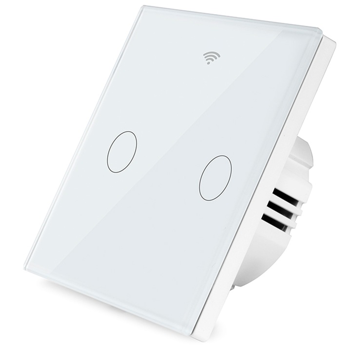 Intrerupator inteligent cu touch, Wi-Fi, fara Nul, Control vocal, Smart Life / Tuya APP, 2 Canale, Alb, easyCTRL®