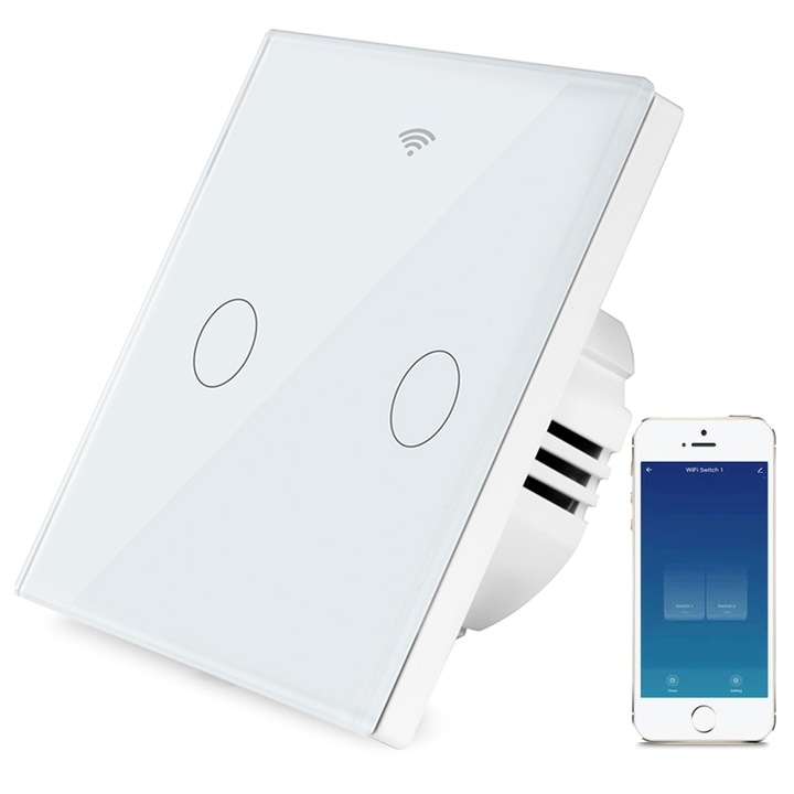 Intrerupator inteligent cu touch, Wi-Fi, fara Nul, Control vocal, Smart Life / Tuya APP, 2 Canale, Alb, easyCTRL®