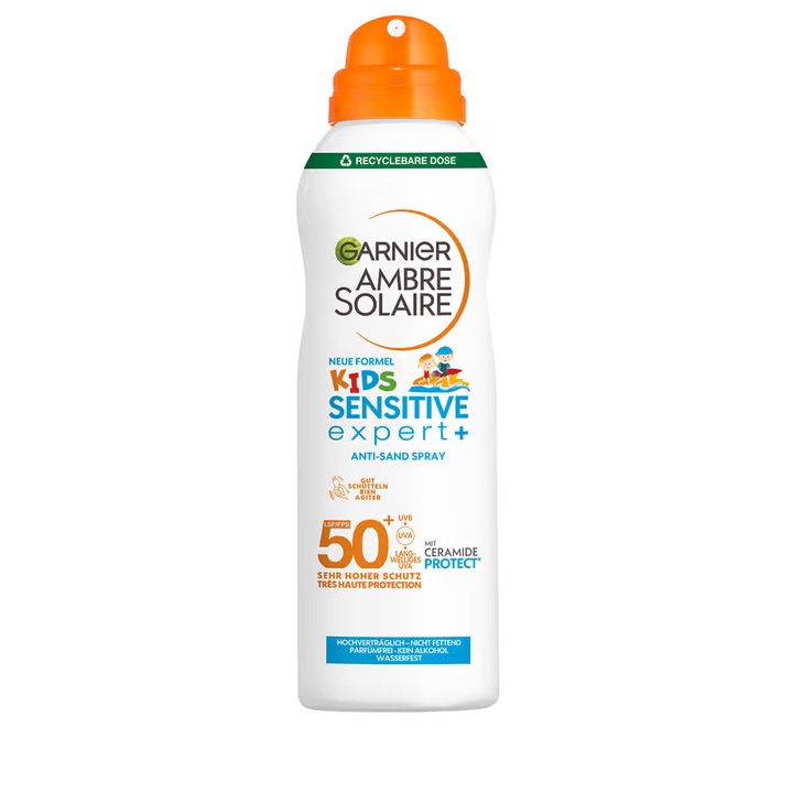 Spray protectie solara Garnier Ambre Solaire Kids Sensitive, anti-nisip, SPF 50+, 150 ml