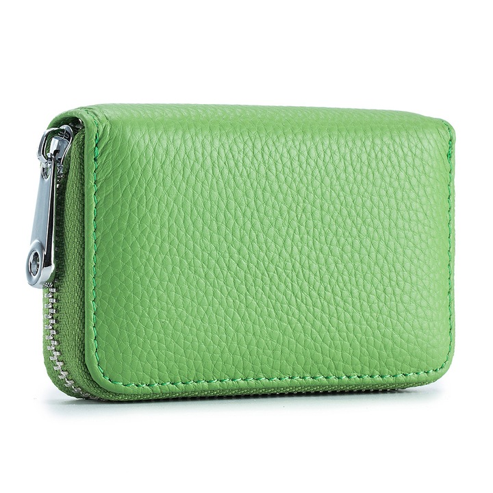 Portofel dama, piele naturala, RFID, verde avocado, 11x7.5cm
