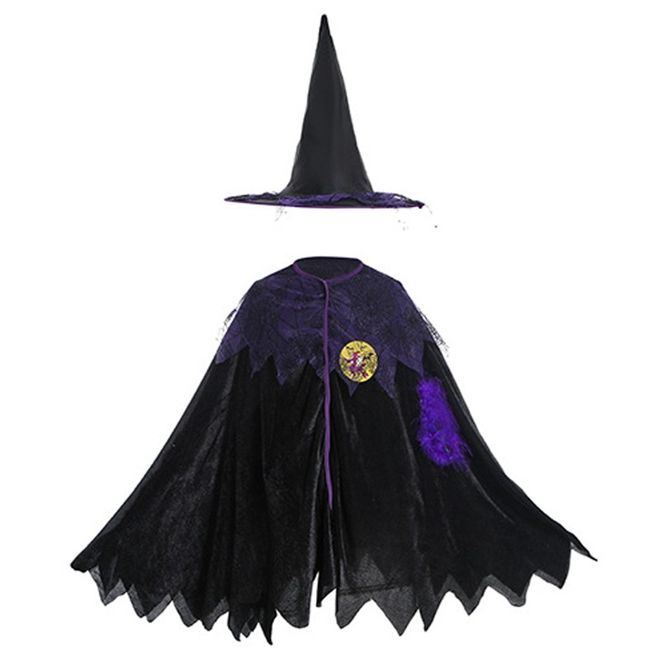 Costum Halloween, capa cu gluga, neagra si mov, set cu palarie magica, 100cm