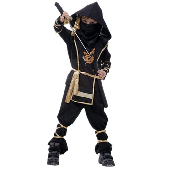 Costum Ninja copii set negru auriu 4 piese Halloween, M