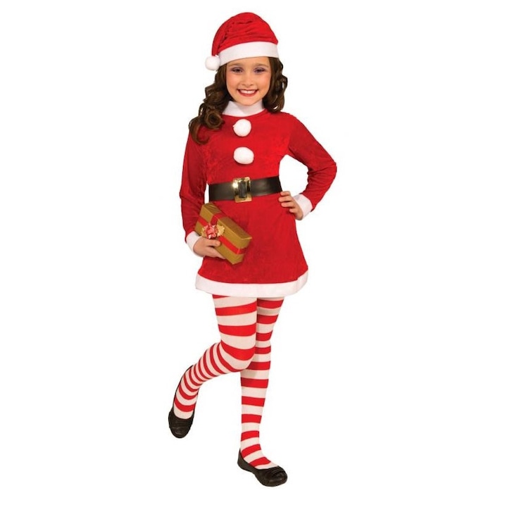 Costum Craciunita 4 piese rochie caciula de Mos Craciun curea neagra si dresuri 7-9 ani