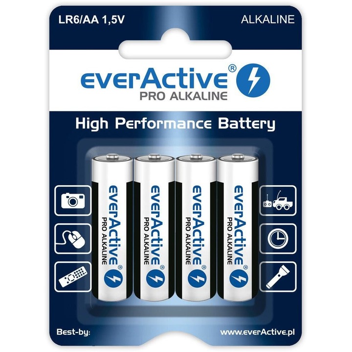 Комплект от 4 алкални батерии, everActive, LR6/AA, 1.5V, бяло/черно