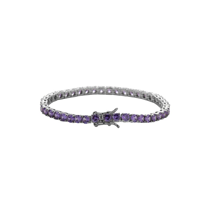 Тенис гривна от неръждаема стомана, лилави циркони, 18 см, 18K бяло златно покритие, унисекс, закопчаване с катарама, Tessero, сребрист