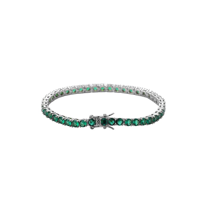 Тенис гривна от неръждаема стомана, зелени циркони, 18 см, 18K бяло златно покритие, унисекс, закопчаване с катарама, Tessero, сребро