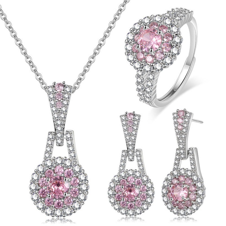 Set bijuterii dama, lantisor cu pandantiv, cercei rain drop si inel, pietre zirconiu, cristal roz, placat cu aur alb 18K, Tessero, argintiu