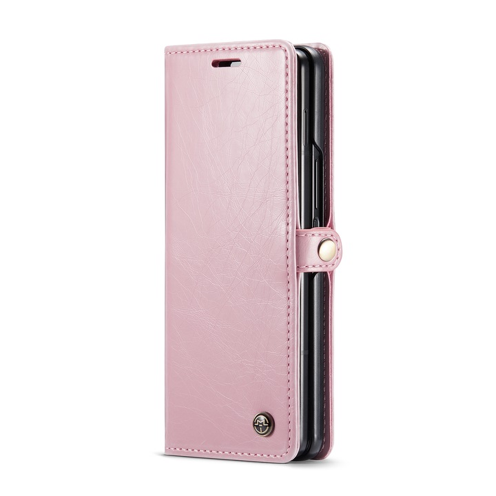 Husa pentru Samsung Galaxy Z Fold4, piele fina, tip portofel, stand, inchidere magnetica, CaseMe, culoare Roz