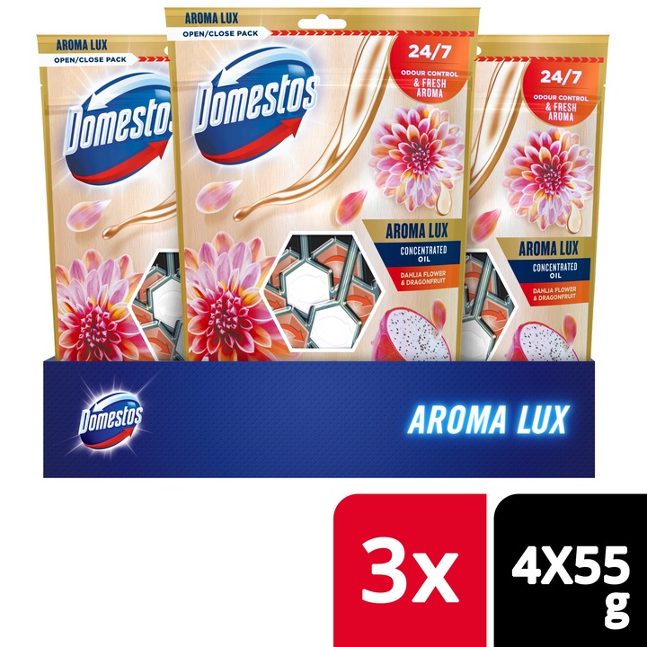 Domestos Aroma Lux Dahlia Flower & Dragon Fruit WC-rúd, 3x 4x55g