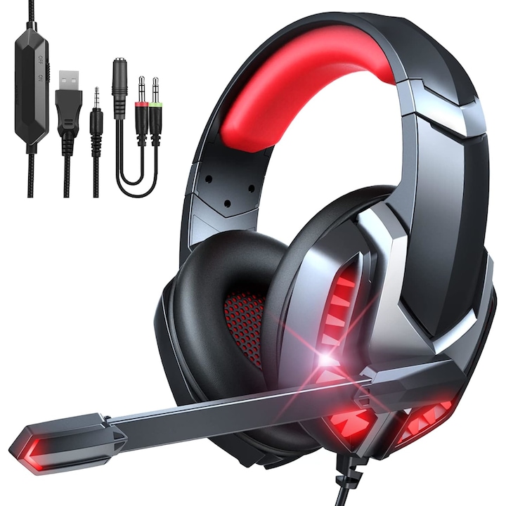 Axeloni ® J30 gaming headset, fekete, piros LED-ekkel, 3,5 mm-es jack csatlakozóval, sztereó hangzás, háttérzaj-csökkentés, PC Laptop, Mac, PS4, PS5, Xbox One számára