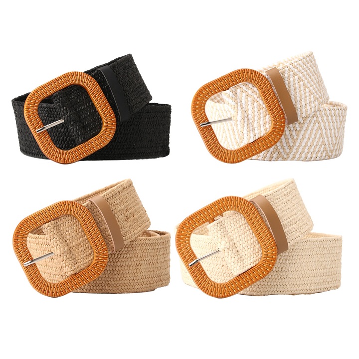 Комплект от 4 дамски колана, QttvbTna, Плетен дизайн, Слама, 97 x 4,5 см, Многоцветни