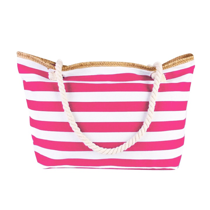 Geanta de plaja, impermeabila, design cu franghie de canepa, alb/roz, 45x31x15cm