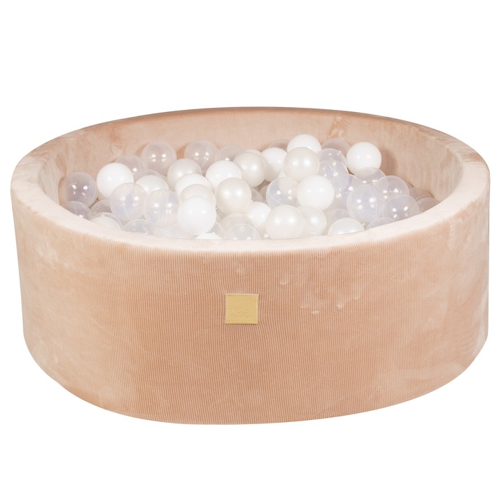 Piscina cu bile MeowBaby, rotunda, 90x30cm, set 200 bile, catifea, alb/perlat/transparent