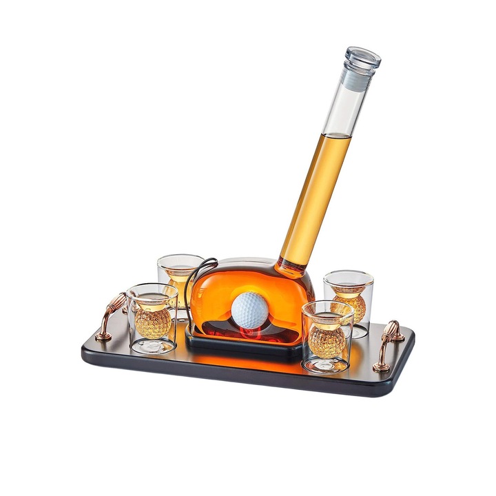 Double Eagle Drinks kancsó készlet, golfütő alakú, üveg, 4 pohár, fa állvány, elegáns, 750 ml, Doty®
