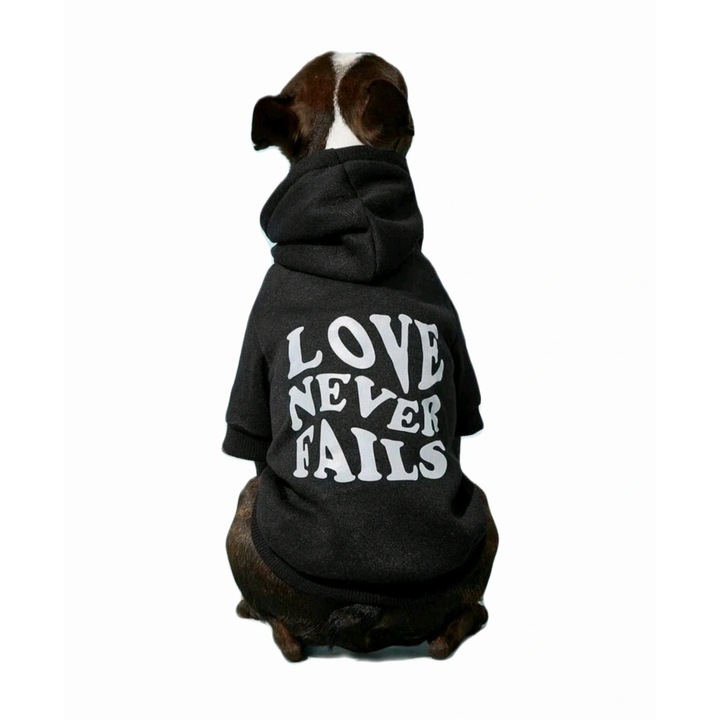 Hanorac flausat cu gluga, pentru caini de talie mica, imprimeu Love never fails, masura XS-22cm, culoare negru