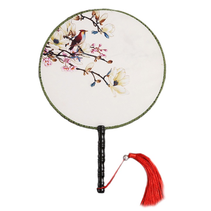 QttvbTna dekoratív ventilátor, kínai stílusú, selyemutánzat, fa fogantyú, kétoldalas modell