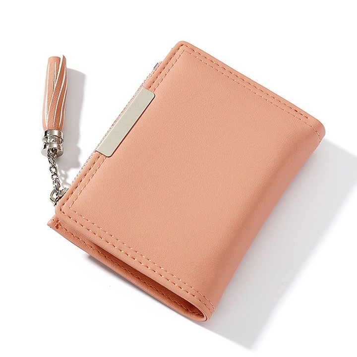 Portofel dama piele lacuita, dimensiune unica, design minimalist, Roz, 11.5 x 9 x 2.3