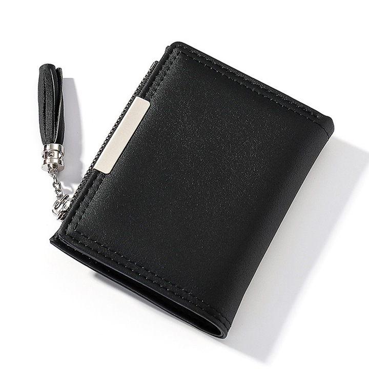 Portofel dama Cozevdnt, piele ecologica, design minimalist, Negru, 11.5 x 2.3 x 9 cm