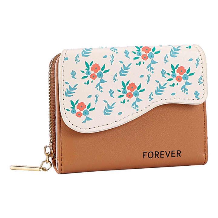 Portofel dama AMRINUGL, piele lacuita, marime unica, culoare maro, design floral, compact