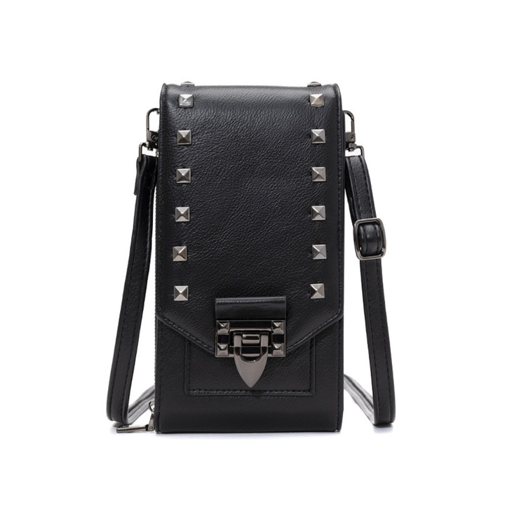 QttvbTna дамска чанта за през рамо, за мобилен телефон, полиуретан, с нитове, черна