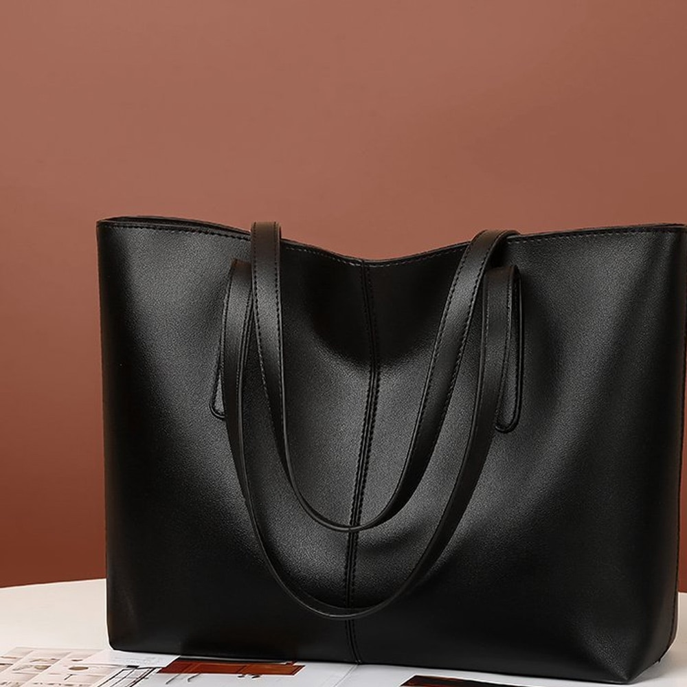 Geanta tote din piele PU, neagra, 26x35x12cm, pentru laptop, utilizare zilnica
