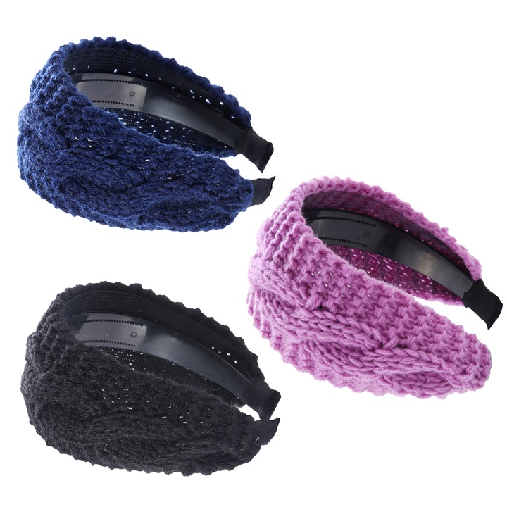 Set 3 benzi pentru cap, tricotate, elastice, multicolor, 18x15cm