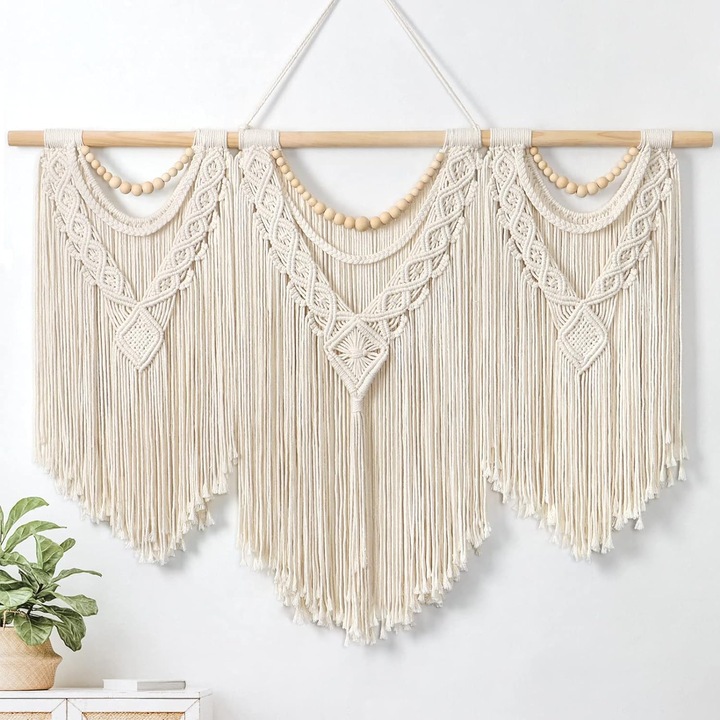 Tapiserie Macrame Boho Chic, Bej, 100x80cm, Bumbac, cu Margele din Lemn
