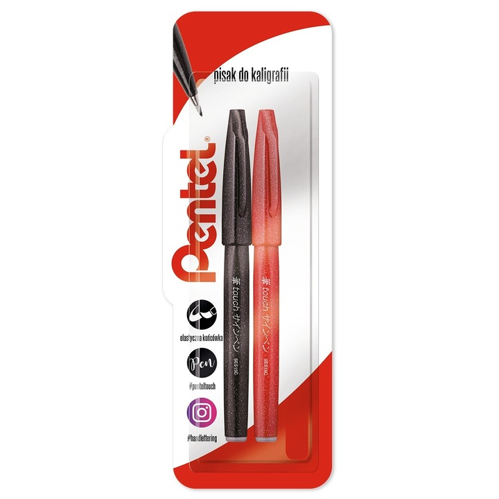 2 db Pentel kalligráfiai toll készlet, 5 mm-es ecsetvéggel, fekete és piros