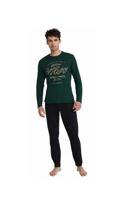 Pijamale barbati, Henderson, Bumbac, Negru/Verde, Verde/Negru
