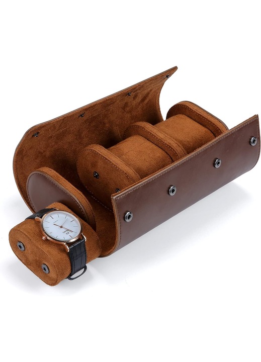Cutie ceasuri WALALLA, 3 sloturi, piele naturala, portabila, maro, 22x10x7cm
