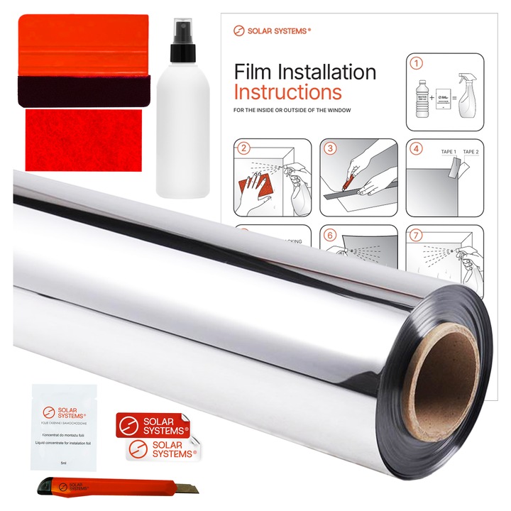 Set Folie De Protectie Solara Pentru Feronerie Cu Kit De Instalare, Solar Systems, 100x50 cm, Extern Pentru Geam, Calitate Inalta Si Durabilitate A Foliei, Strat De Protectie Antiscratch, Oglinda Argintie